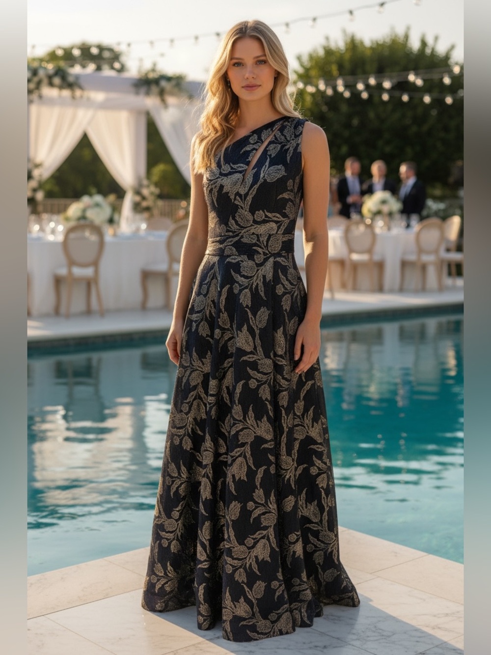NWT Betsy & Adam Sz 6 Navy Gold Metallic Floral One-Shoulder Evening Gown $278